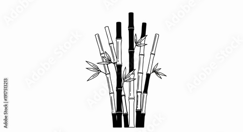 Black and white graphic of a cluster of bamboo stalks with leaves