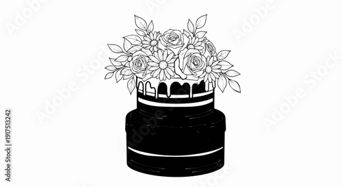 Black and white illustration of a two-tiered cake decorated with flowers