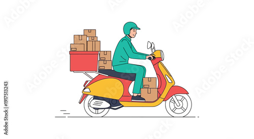 A delivery person rides a scooter loaded with packages depicted in a flat illustration on transparent background silhouette high quality professional