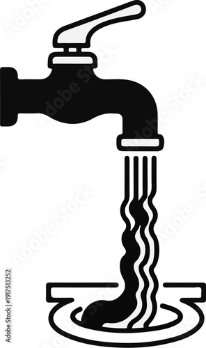 Black and white graphic of a faucet with water flowing into a drain
