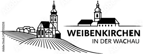 Black and white illustration of a village church with vineyards in foreground