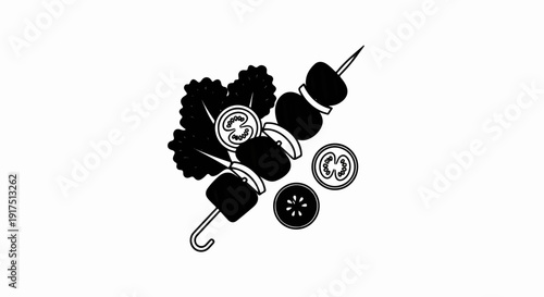 Black and white graphic of a kebab with vegetables