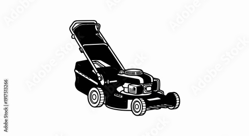 Black and white graphic of a lawnmower