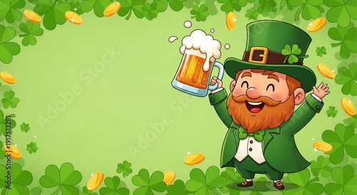 Cute St Patrick’s Day Leprechaun Holding Beer Mug with Shamrock and Gold Coins Festive Background for Greeting Card and Banner