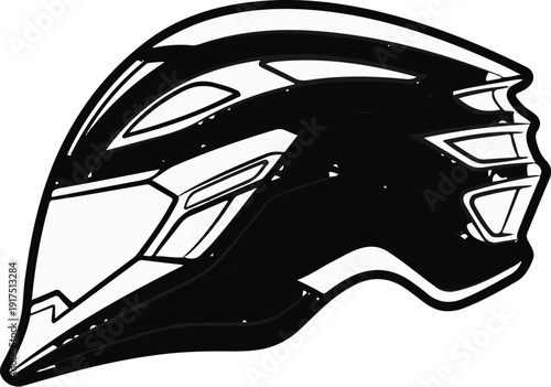 Black and white graphic of a protective helmet with sharp, angular lines
