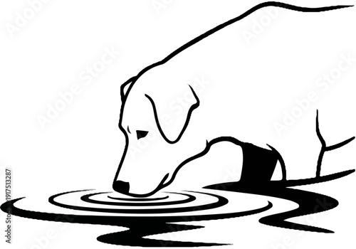 Black and white outline of a dog drinking water with ripples