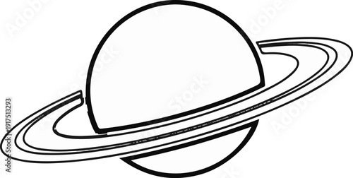 Black and white graphic of a planet with rings
