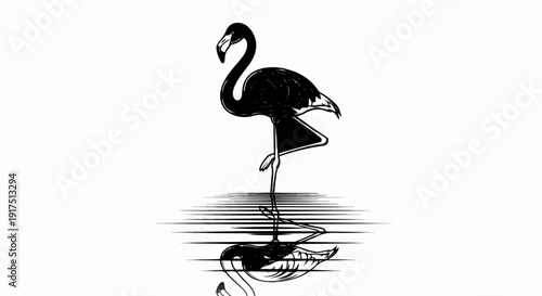 Black flamingo standing on one leg, reflected in water