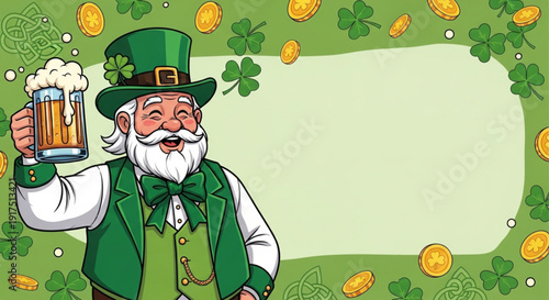 Happy St Patrick’s Day Leprechaun with Beer Mug Shamrock and Gold Coins Festive Background