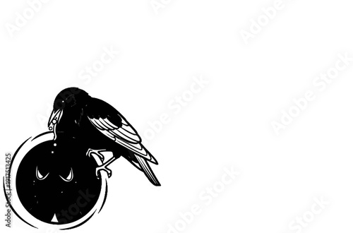 Black bird perched on a stylized dark orb with glowing eyes