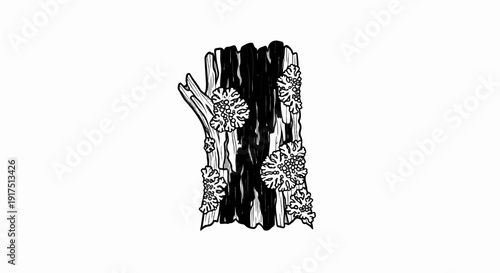 Black and white illustration of a weathered tree stump with lichen