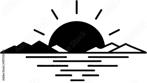Black silhouette of a sunrise over mountains and water