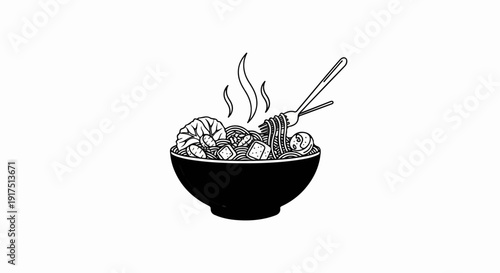 Black bowl of steaming noodles with shrimp, tofu, and meatballs