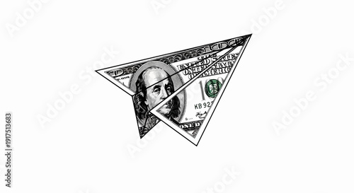 Black and white paper airplane made from a dollar bill