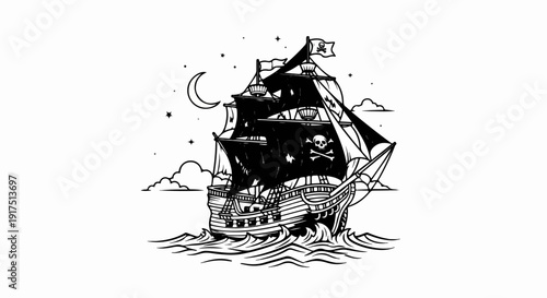Black and white pirate ship sailing on wavy seas under a crescent moon and stars