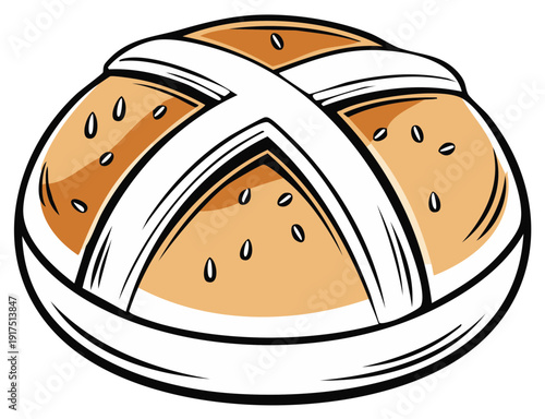 Traditional Hot Cross Bun with Cross Icing Isolated on White, Easter Treat