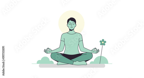 A serene illustration of a person meditating in lotus position with a flower ideal for wellness themes on transparent background silhouette