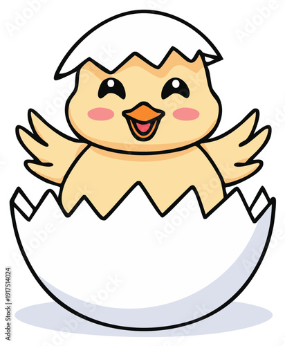 Happy yellow chick hatching from a cracked eggshell illustration