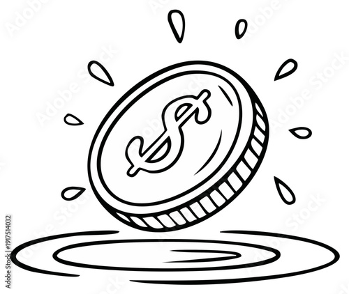Simple cartoon drawing of a dollar coin creating ripples in water with light rays