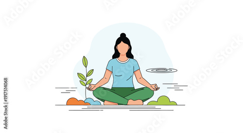 A woman practices yoga in a meditative pose with plant life presented as a simple silhouette on transparent background high quality