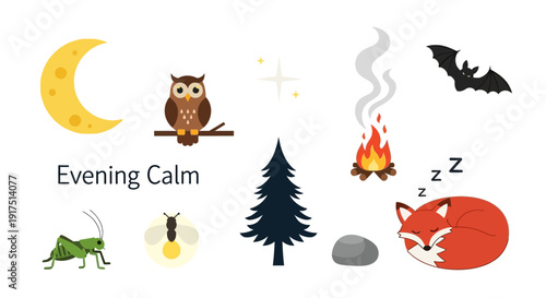 Evening Calm illustration with moon owl stars fire bat tree insects rock and sleeping fox