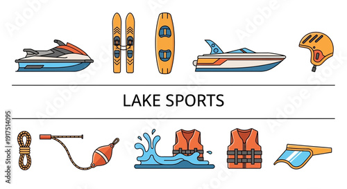 Outline icons for watercraft sports gear safety equipment and water splash