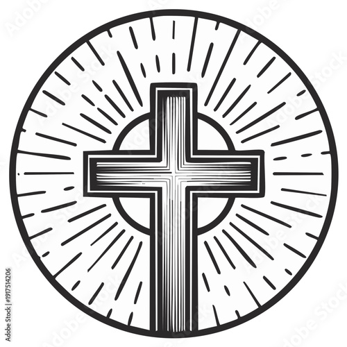 Stylized Christian Cross Symbol with Sunburst Rays Inside a Circle, Hand Drawn Graphic