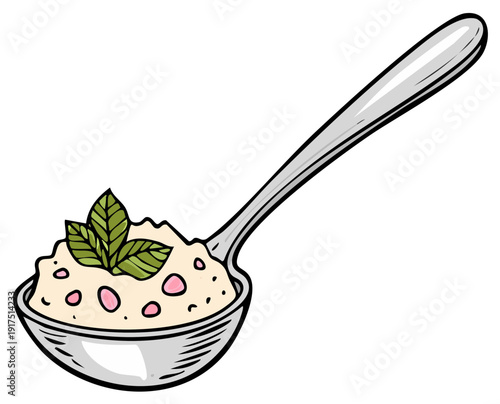 Hand-drawn spoon filled with creamy porridge and garnished with mint leaves