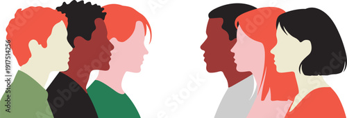Flat vector illustration featuring colorful profile silhouettes of a diverse group of men and women facing each other for community and inclusion.