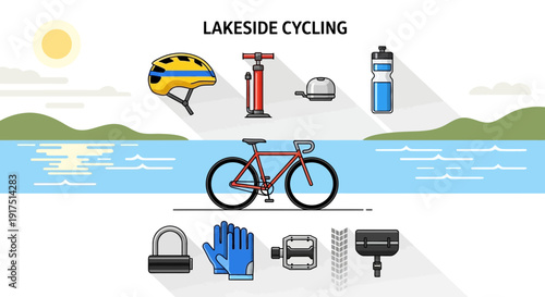 Lakeside cycling illustration with bicycle and gear icons