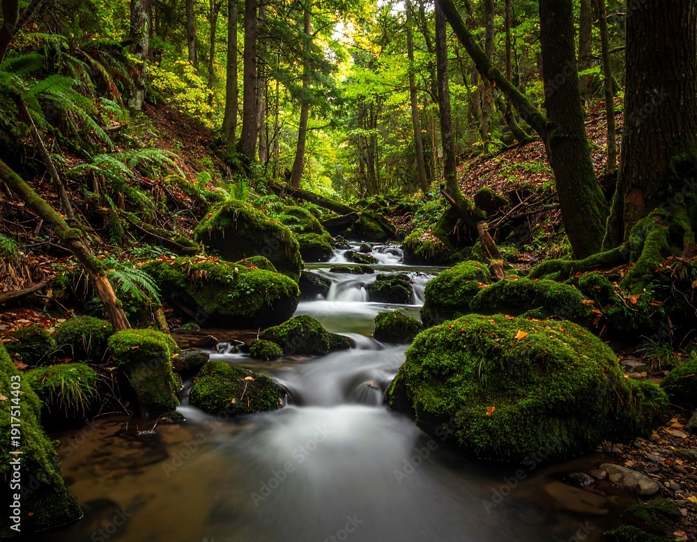 Fototapeta premium Serene long exposure photo of a clear stream flowing through a lush, mossy forest