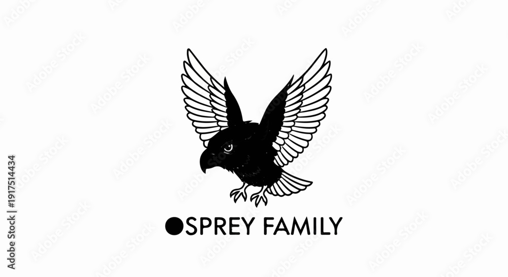 Obraz premium Black and white illustration of an osprey with wings spread, with text below