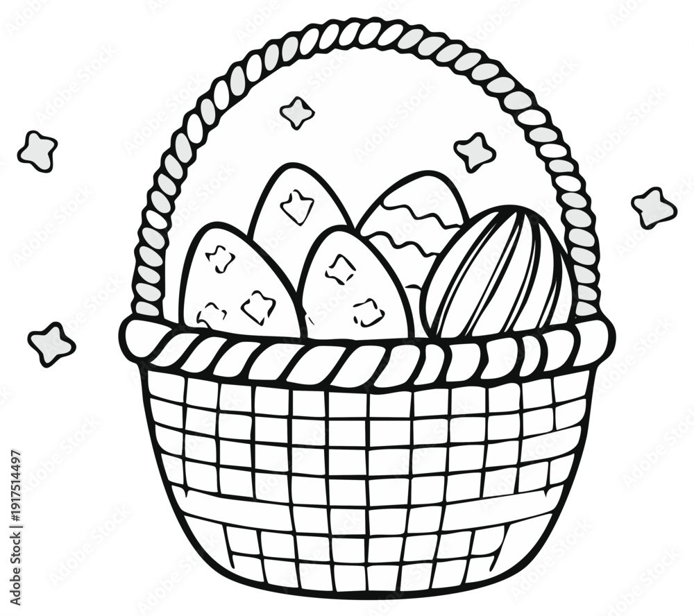 Fototapeta premium Easter basket overflowing with decorated eggs and stars outline illustration
