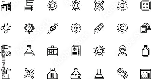 Collection of blue medical and healthcare icons featuring laboratory equipment first aid kits monitoring devices and diagnostic tools for clinical applications