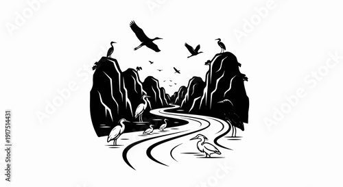 Black silhouette of birds, river, and mountains