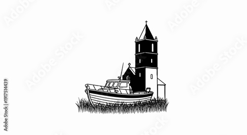 Black and white illustration of a boat resting in tall grass before a church