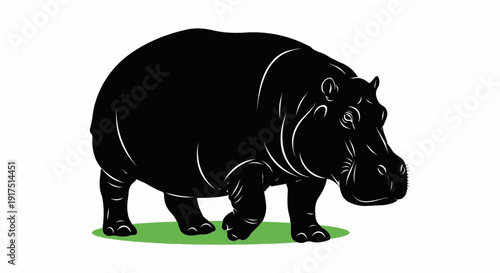 Black hippopotamus walking on green grass, white background