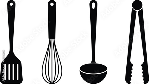 Flat vector kitchen utensil silhouette set featuring a spatula, whisk, ladle, and tongs for cooking, culinary arts, restaurant menus, and home kitchen design.