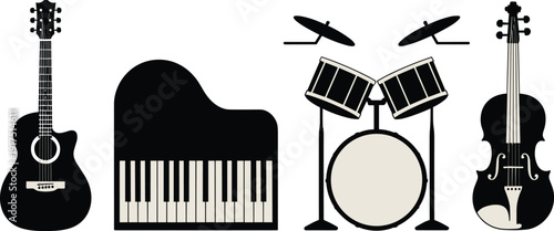 Flat vector musical instrument silhouette set featuring an acoustic guitar, grand piano, drum kit, and violin for music education, concerts, and artistic design.