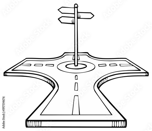 Crossroad signpost on a divided road offering multiple directions for decision making