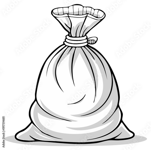 Simple illustration of a closed burlap sack tied at the top with a rope, showing a rounded fullness
