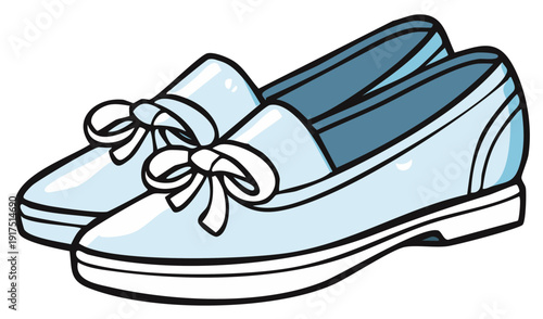 Light blue slip on shoes with white bows on a plain background