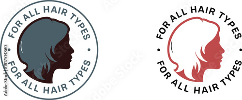 For all hair types logo design, woman profile silhouette badge for beauty salon branding, modern vector emblem isolated on white background