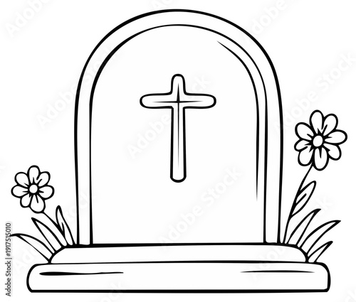Cartoon tombstone with cross and flowers, drawing for print