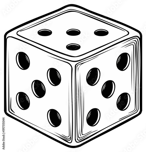 Single black and white illustrative dice showing pips for numbers three five and six