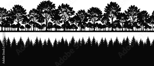 Forest tree silhouette border collection, black and white vector illustration with pine and deciduous woodland skyline isolated on light background