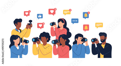 A diverse group of people taking photos with social media icons floating around them on transparent background silhouette high quality professional
