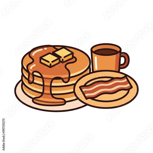 Delicious breakfast bakery illustration featuring bread with milk and butter alongside a coffee cup vector with sweet pastry snacks and a chocolate cake on a white isolated plate