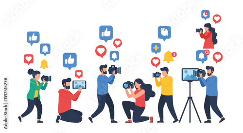 Social media interaction illustration with people using devices and cameras perfect for digital projects on transparent background silhouette high quality professional