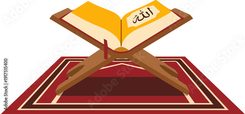 Open Quran book with Arabic calligraphy on a wooden rehal stand, placed on a traditional red prayer mat. Isolated vector illustration on a transparent background.